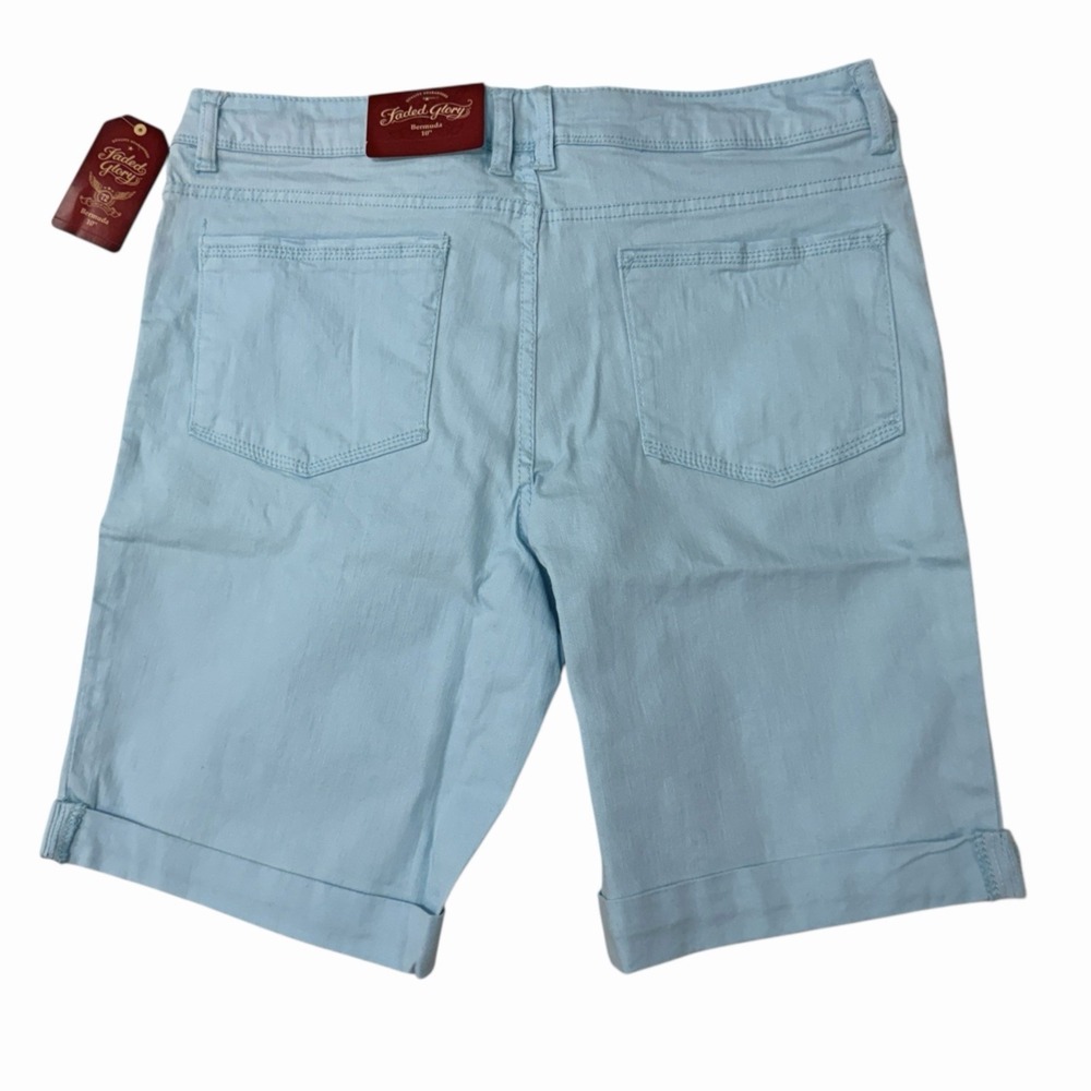 Faded Glory Light Blue Shorts Size 14 10" Length Cotton Stretch Cuffed Bermuda - Picture 2 of 6